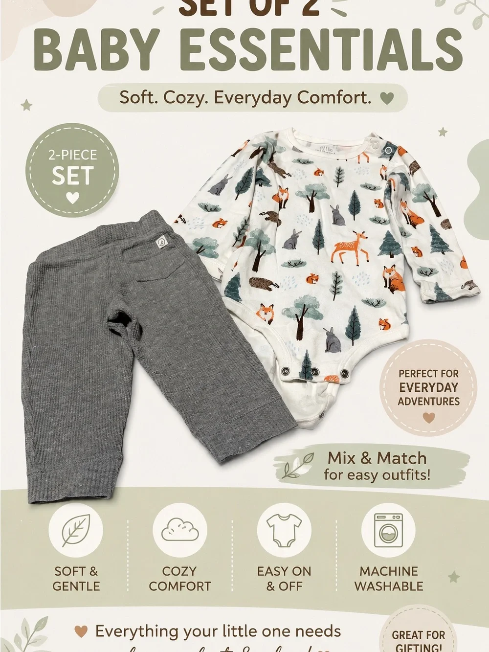 Baby 2-Piece Forest Friends Bodysuit & Pants Set - Gray & White Size 12mos